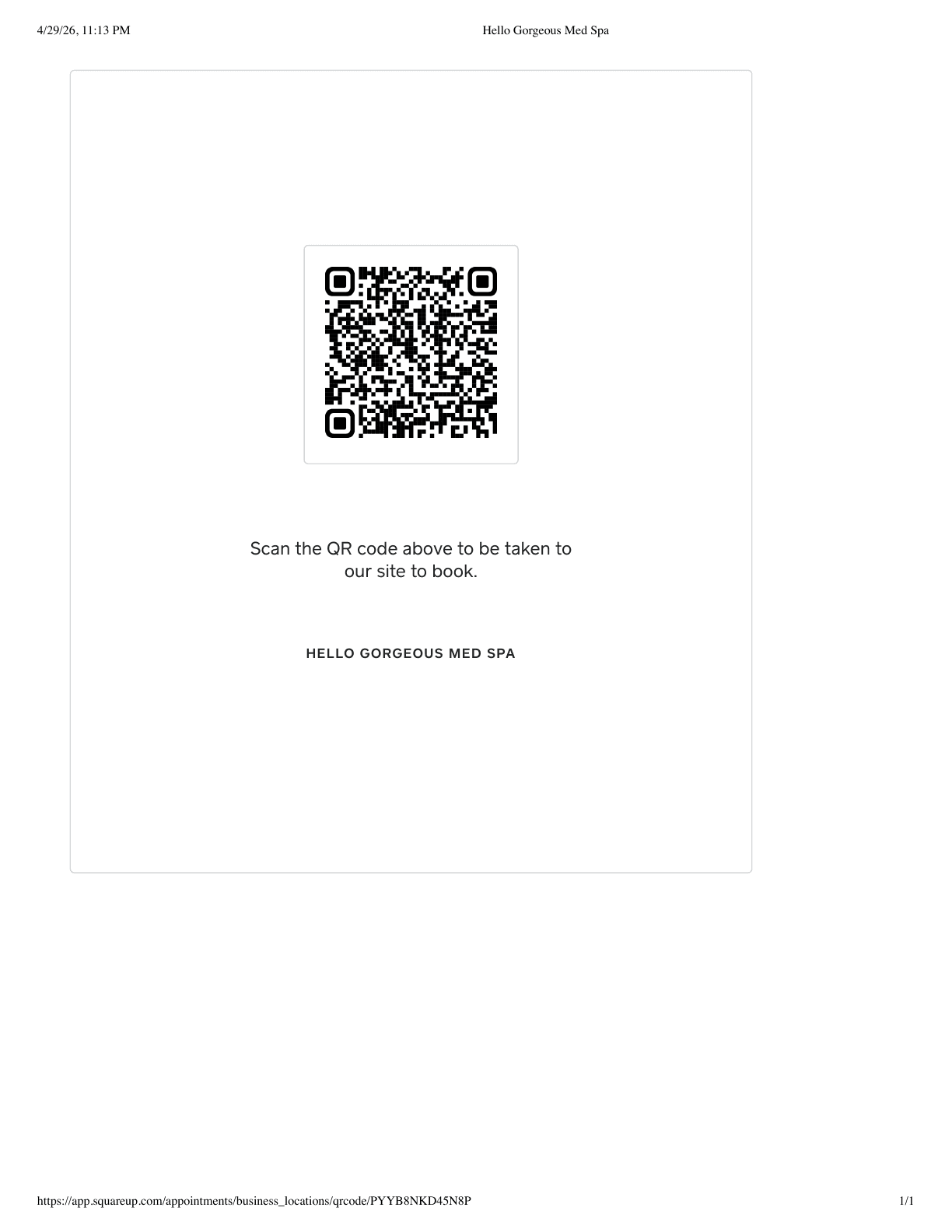 Square Appointments QR — scan to book Hello Gorgeous Med Spa online