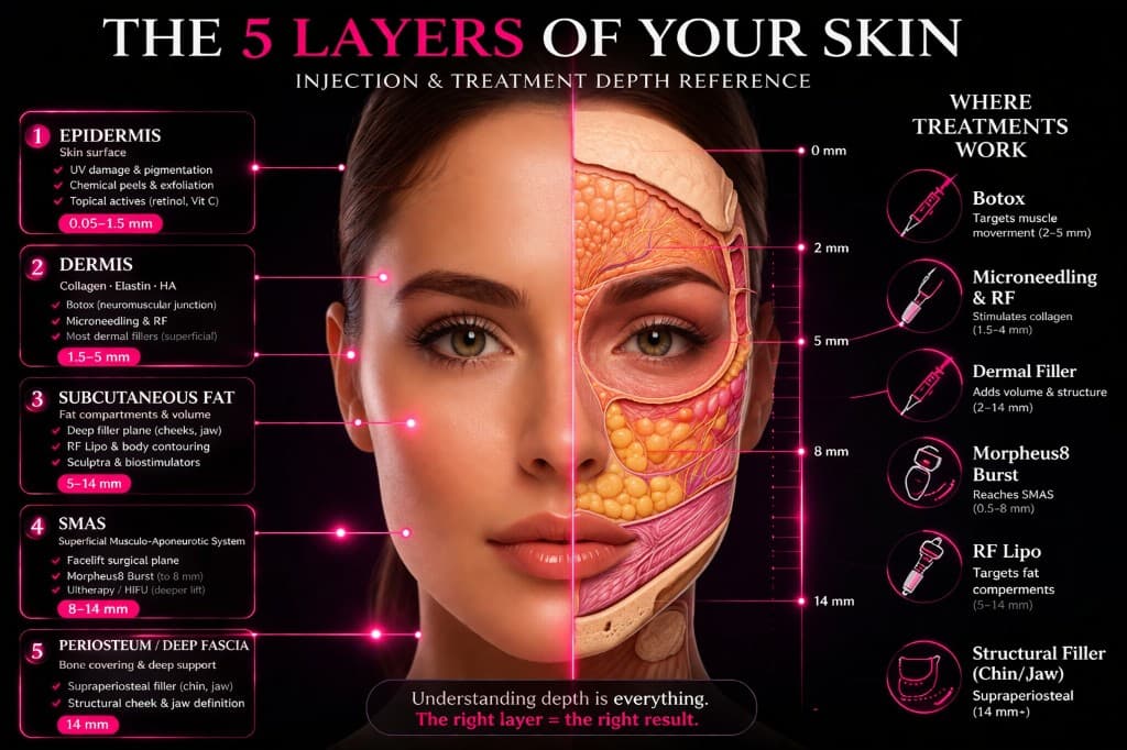 Five skin layers and injection treatment depth reference infographic