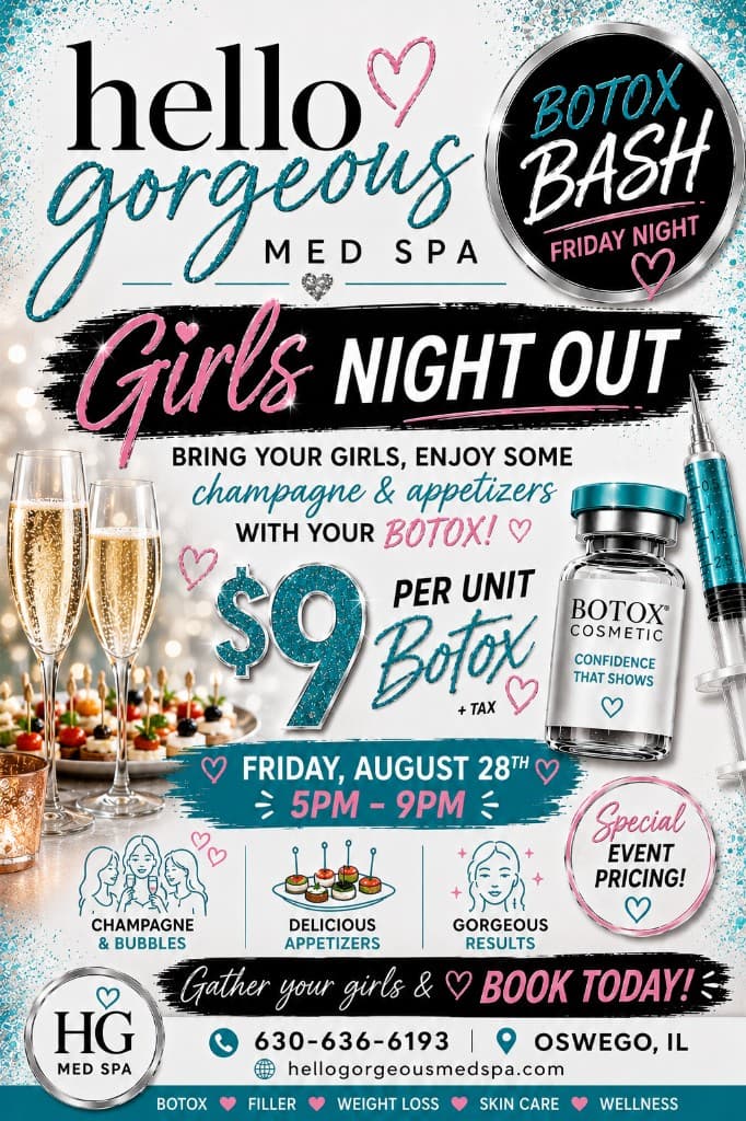 Girls Night Out Botox Bash flyer — Friday August 28, 5 to 9 PM, $9 per unit