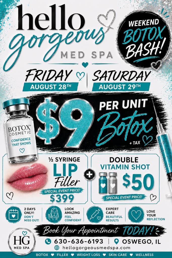 Weekend Botox Bash flyer — August 28 and 29, Botox $9 per unit, lip filler, vitamin shots