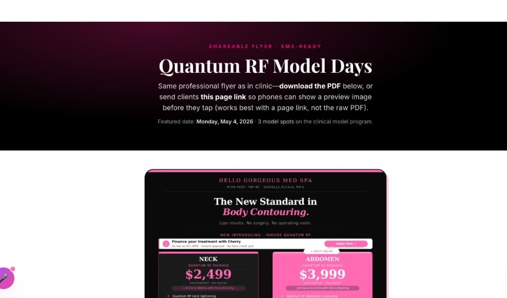 Quantum RF Model Days — package overview, Hello Gorgeous Med Spa