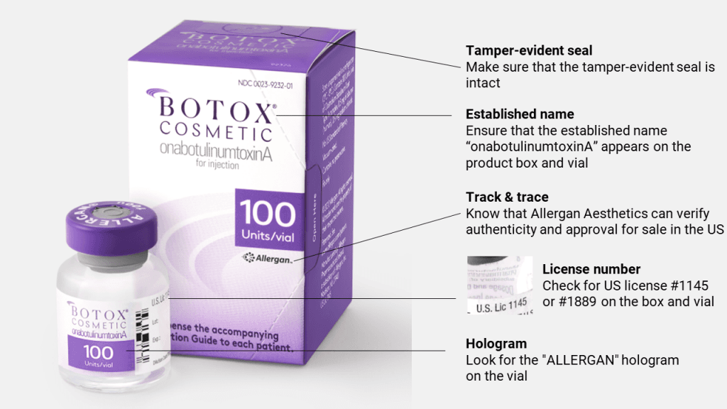 Authentic Botox Cosmetic onabotulinumtoxinA packaging — FDA-approved neurotoxin at Hello Gorgeous Med Spa Oswego IL