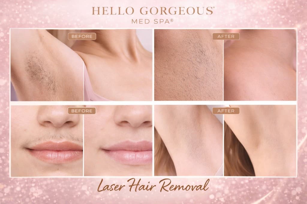 Laser hair removal before and after results - underarms, bikini, chin, facial hair at Hello Gorgeous Med Spa