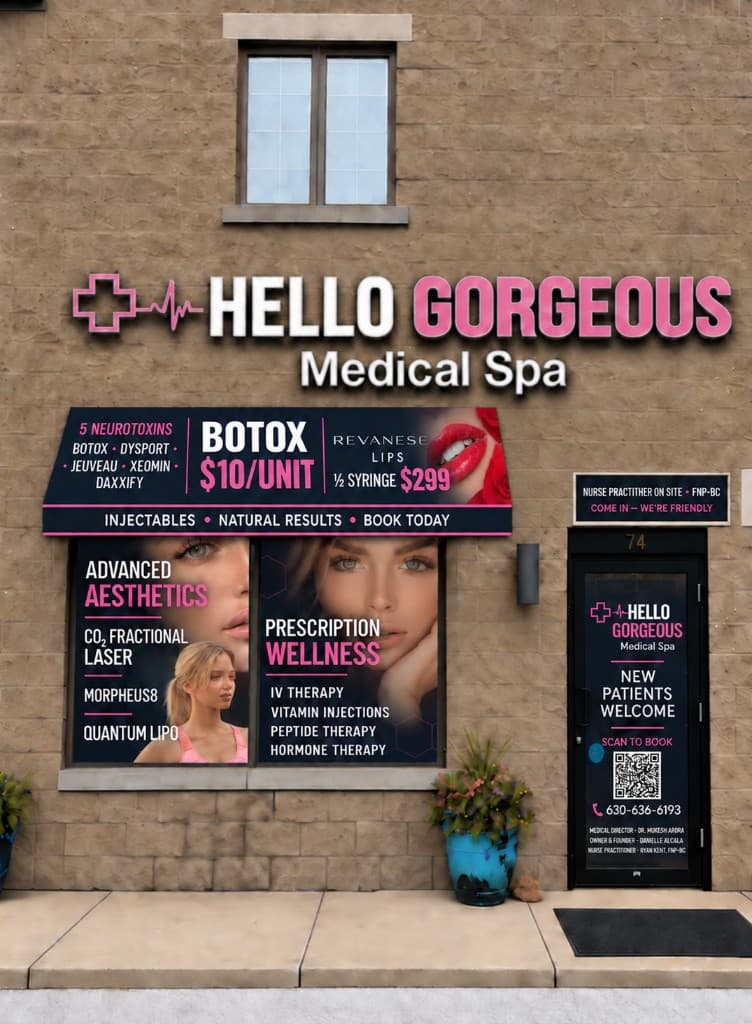 Hello Gorgeous Medical Spa storefront on Washington Street in Oswego