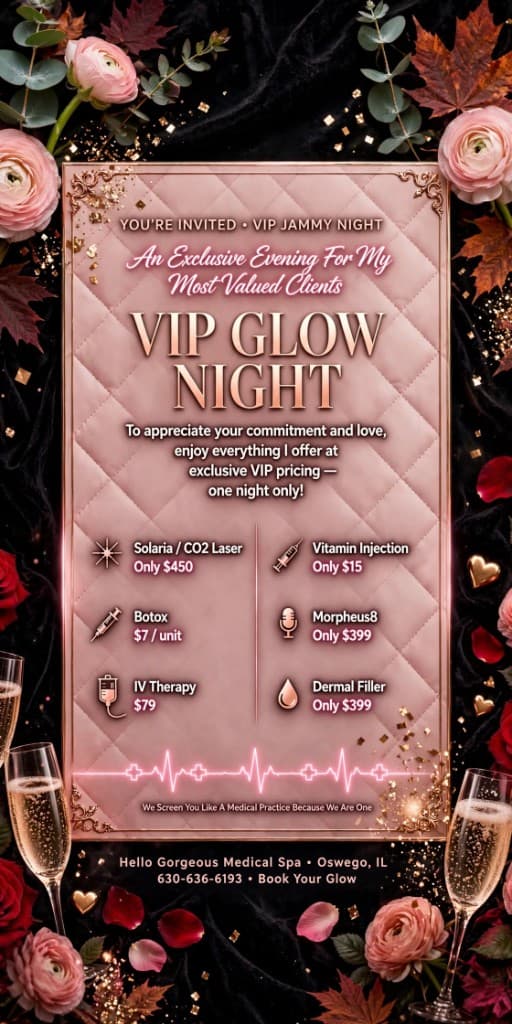VIP Glow Night flyer — Hello Gorgeous Med Spa, Oswego