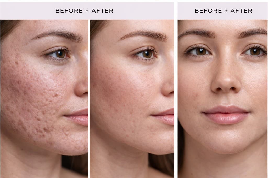 Microneedling acne scarring before and after - progressive improvement at Hello Gorgeous Med Spa