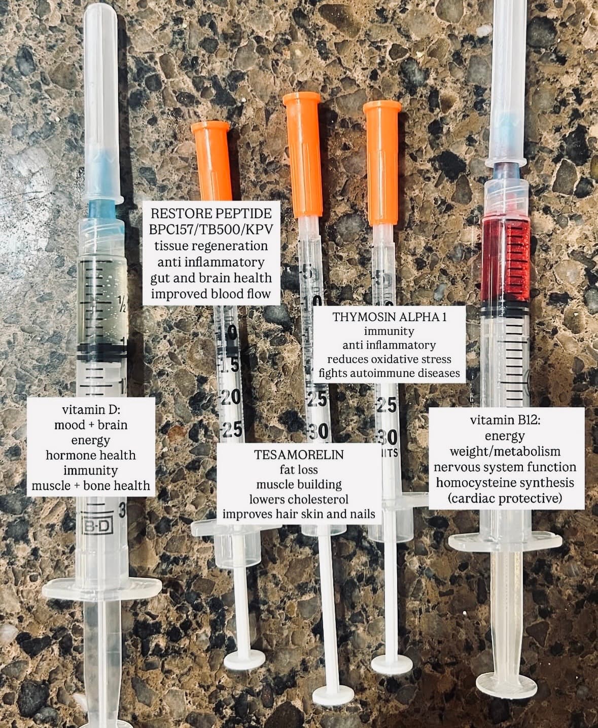Peptide and vitamin injections: Restore Peptide BPC157/TB500/KPV, Tesamorelin, Thymosin Alpha 1, Vitamin D, B12