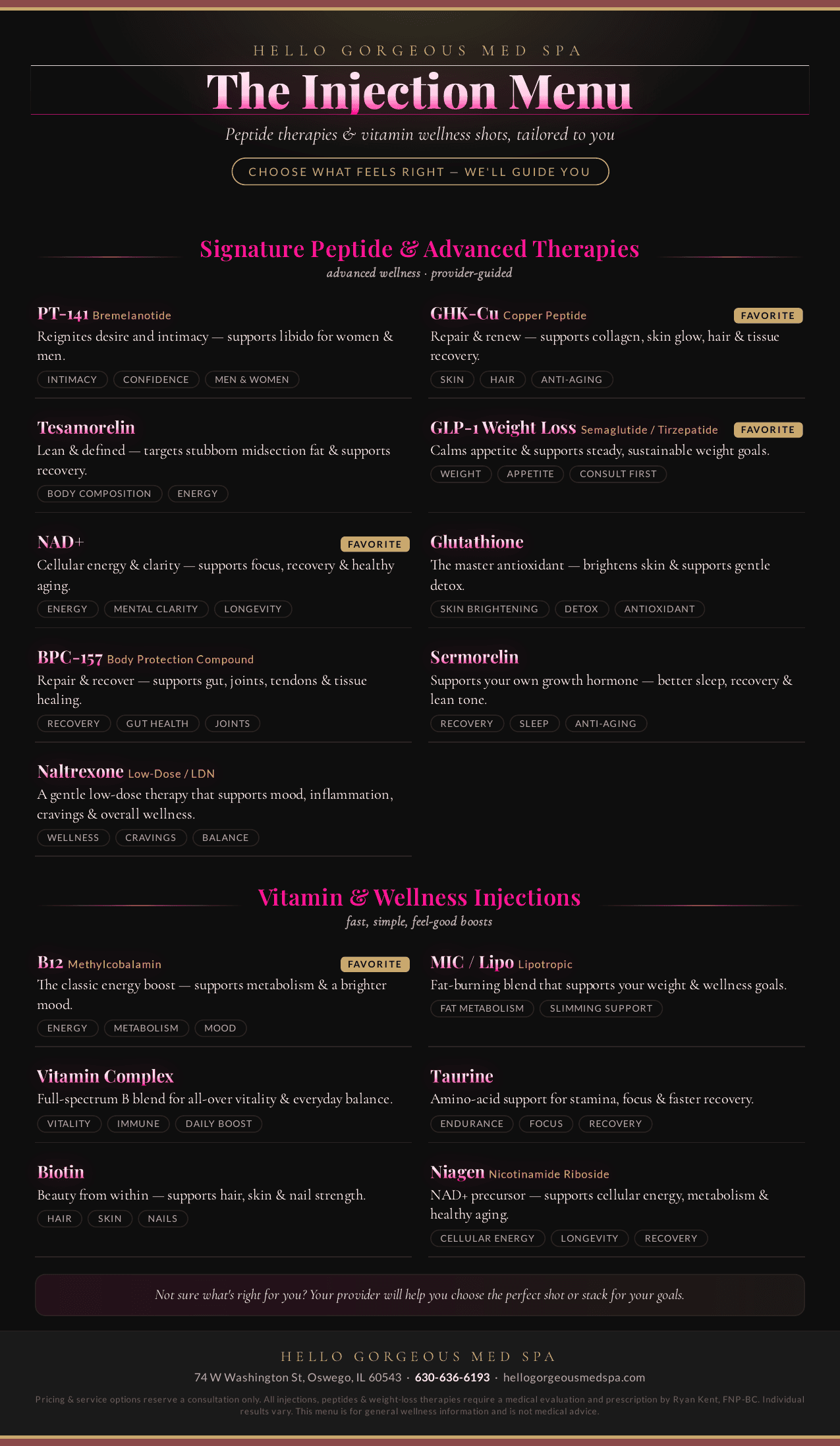 Hello Gorgeous Med Spa Injection Menu — peptide therapies and vitamin wellness shots, Oswego IL