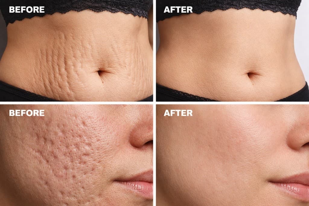 Before and after: abdomen stretch marks and facial acne scars improved with Solaria CO₂ fractional laser at Hello Gorgeous Med Spa