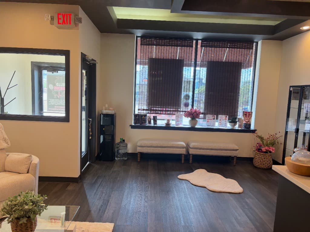 Hello Gorgeous waiting lounge — downtown Oswego medical spa