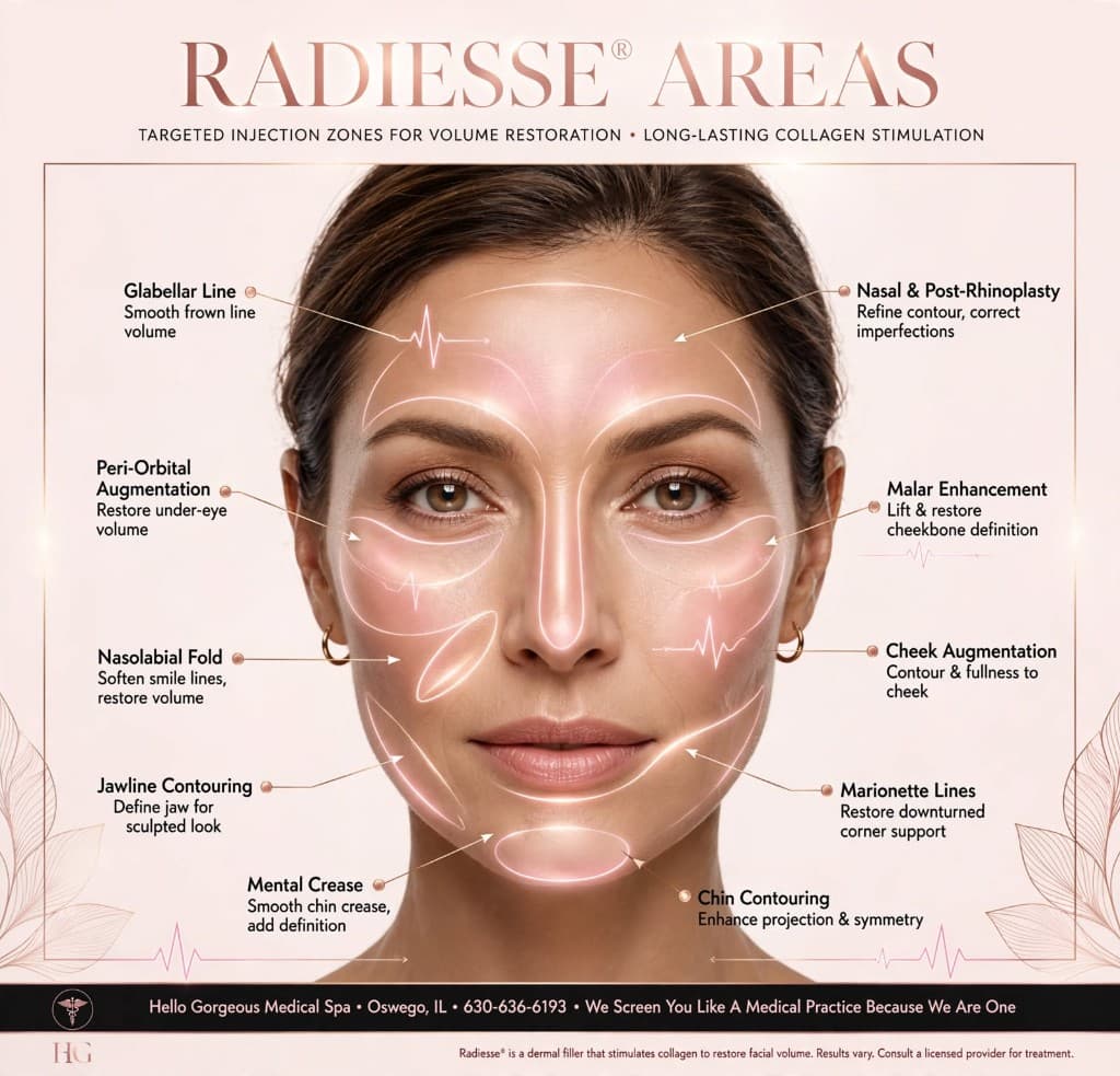 Radiesse treatment mapping — cheeks, folds, jawline, chin, and hands at Hello Gorgeous Med Spa Oswego