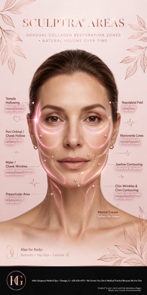 Sculptra treatment mapping — temples, cheeks, pre-auricular hollows, and global volume at Hello Gorgeous Med Spa Oswego