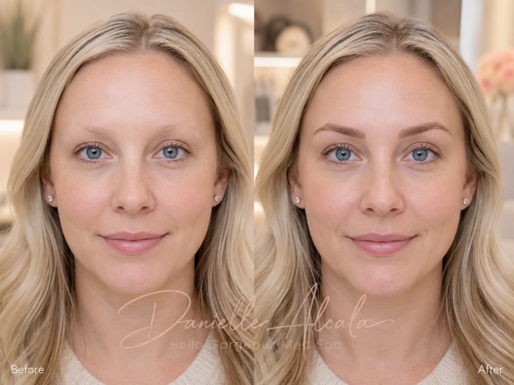 Combo brows before and after hybrid microblading and powder shading by Danielle Alcala at Hello Gorgeous Med Spa Oswego IL