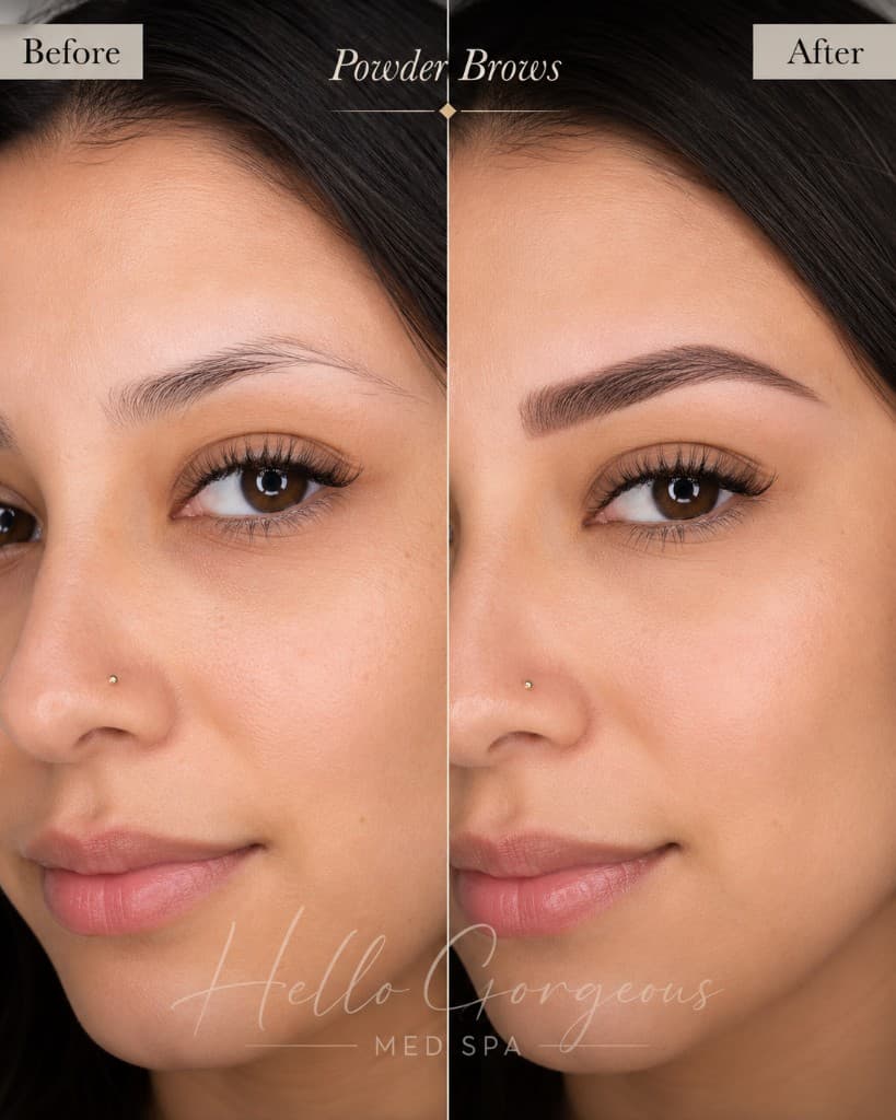 Powder brows before and after permanent makeup at Hello Gorgeous Med Spa Oswego IL