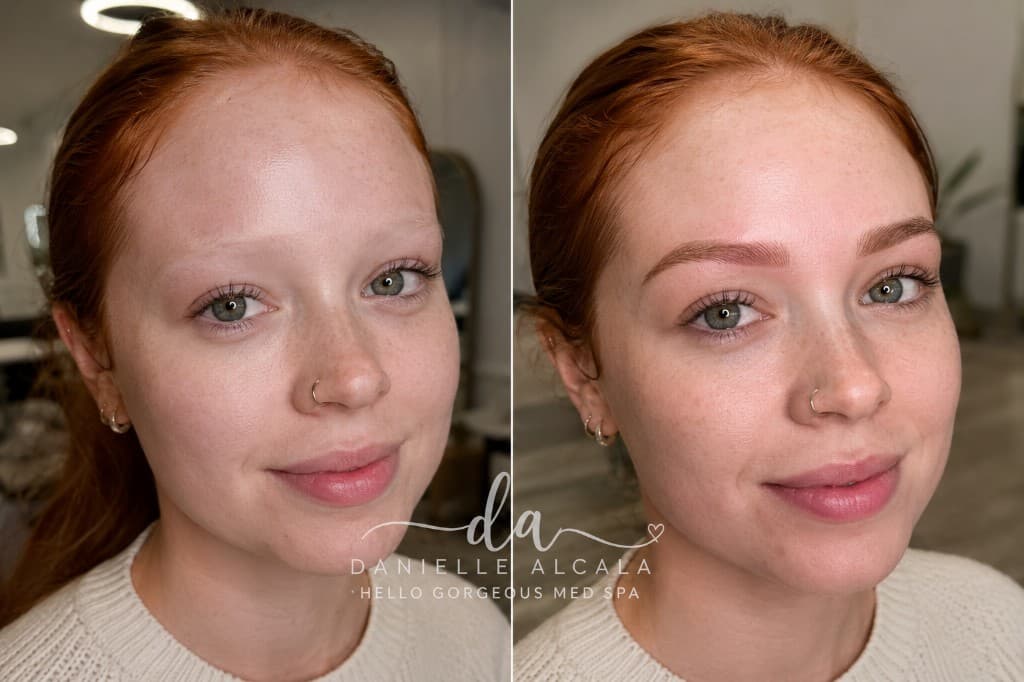 Powder and nano brow PMU before and after ombré shading by Danielle Alcala at Hello Gorgeous Med Spa Oswego IL