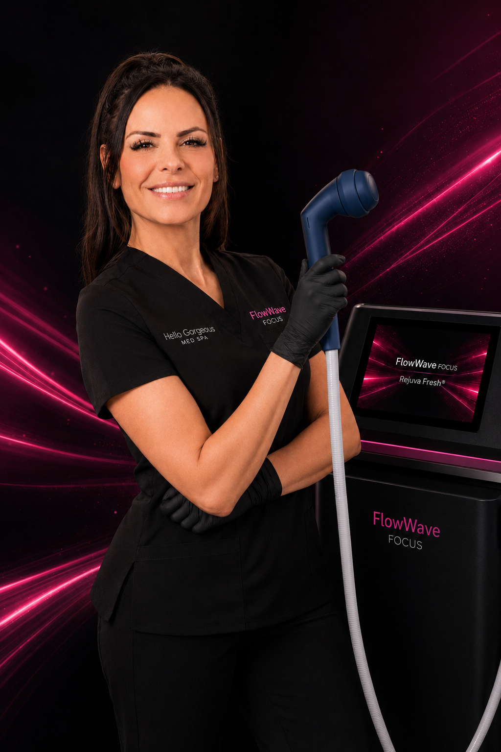 Founder of Hello Gorgeous Med Spa with the FlowWave FOCUS device