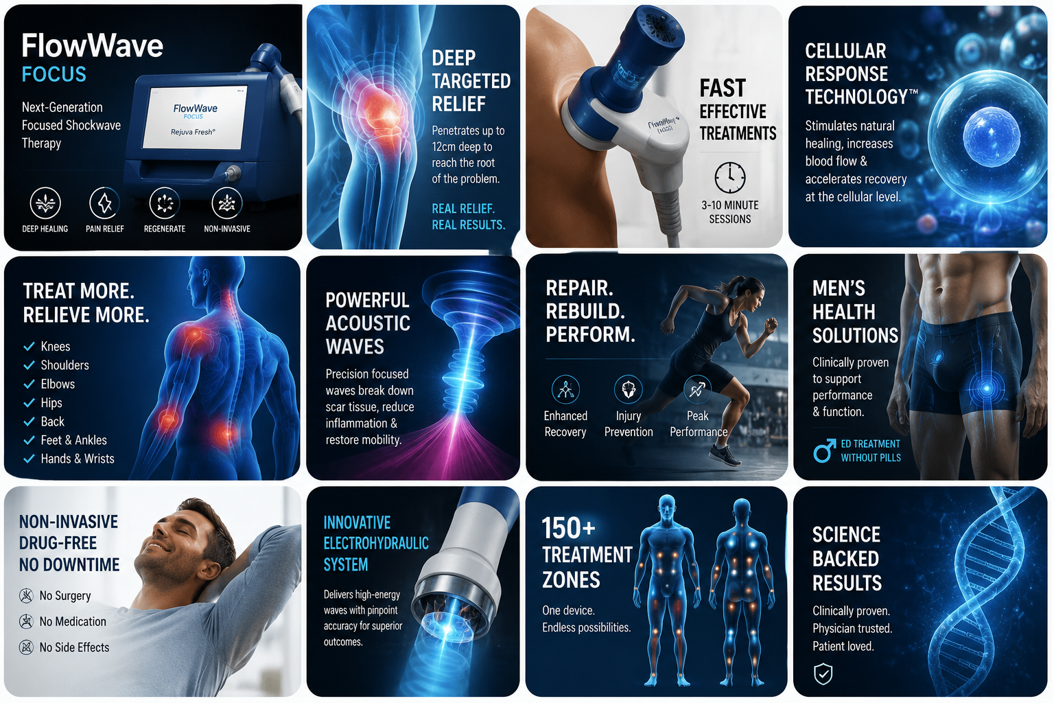 FlowWave FOCUS benefits — deep targeted relief, fast sessions, cellular response technology, men's health and more