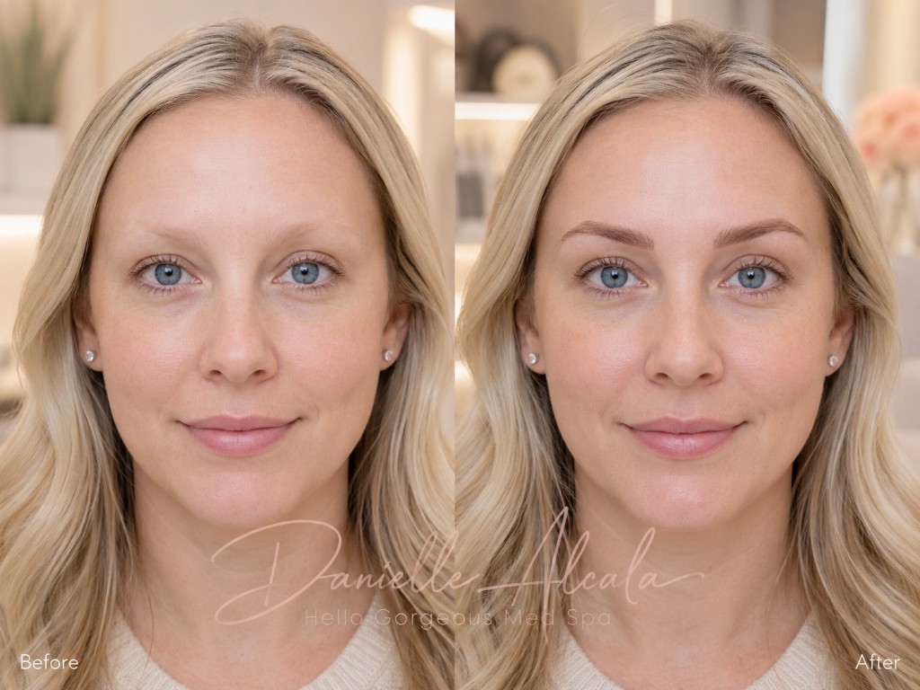 Combo hybrid brows before and after by Danielle Alcala at Hello Gorgeous Med Spa Oswego IL