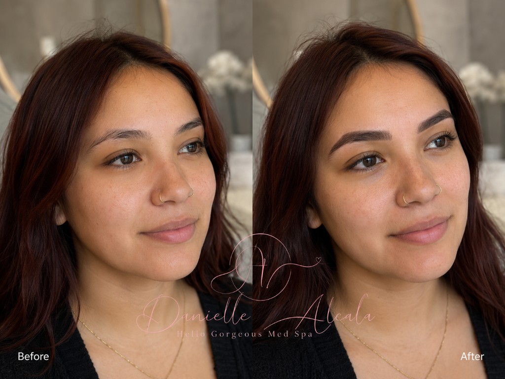 Combo ombré brows before and after by Danielle Alcala Hello Gorgeous Med Spa Oswego IL