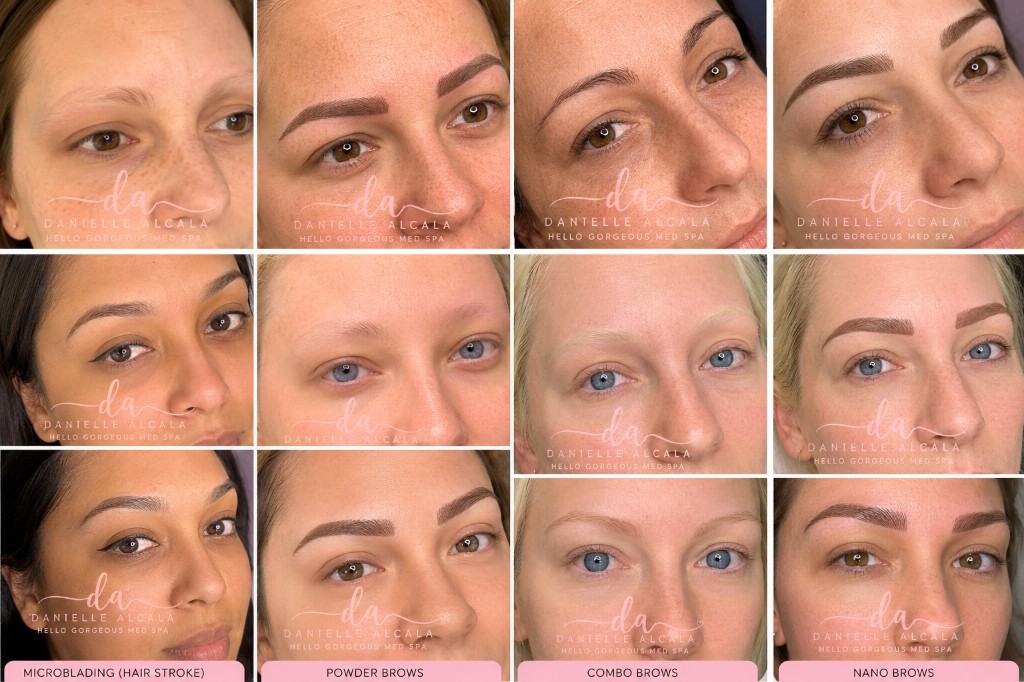 Microblading, powder brows, combo brows and nano brows before and after by Danielle Alcala at Hello Gorgeous Med Spa Oswego IL