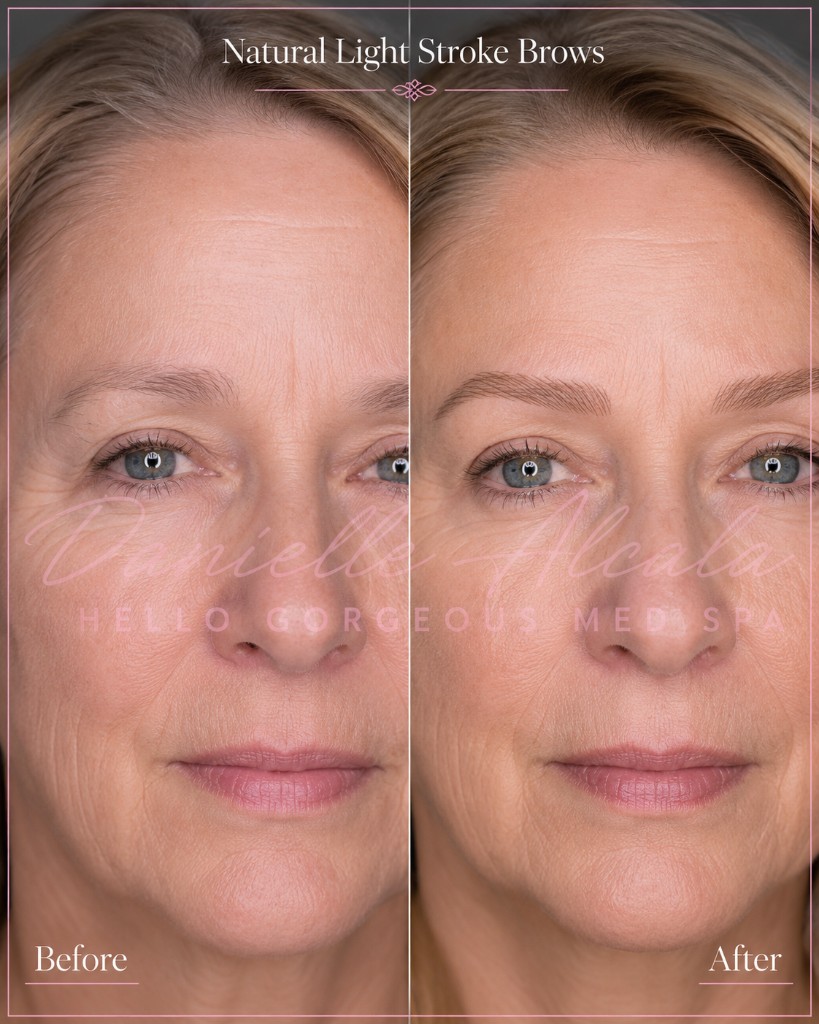 Natural light stroke brows before and after microblading by Danielle Alcala at Hello Gorgeous Med Spa Oswego IL
