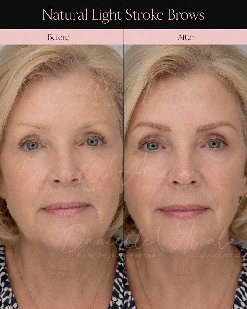 Natural light stroke hand-stroke brows before and after by Danielle Alcala Hello Gorgeous Med Spa Oswego IL