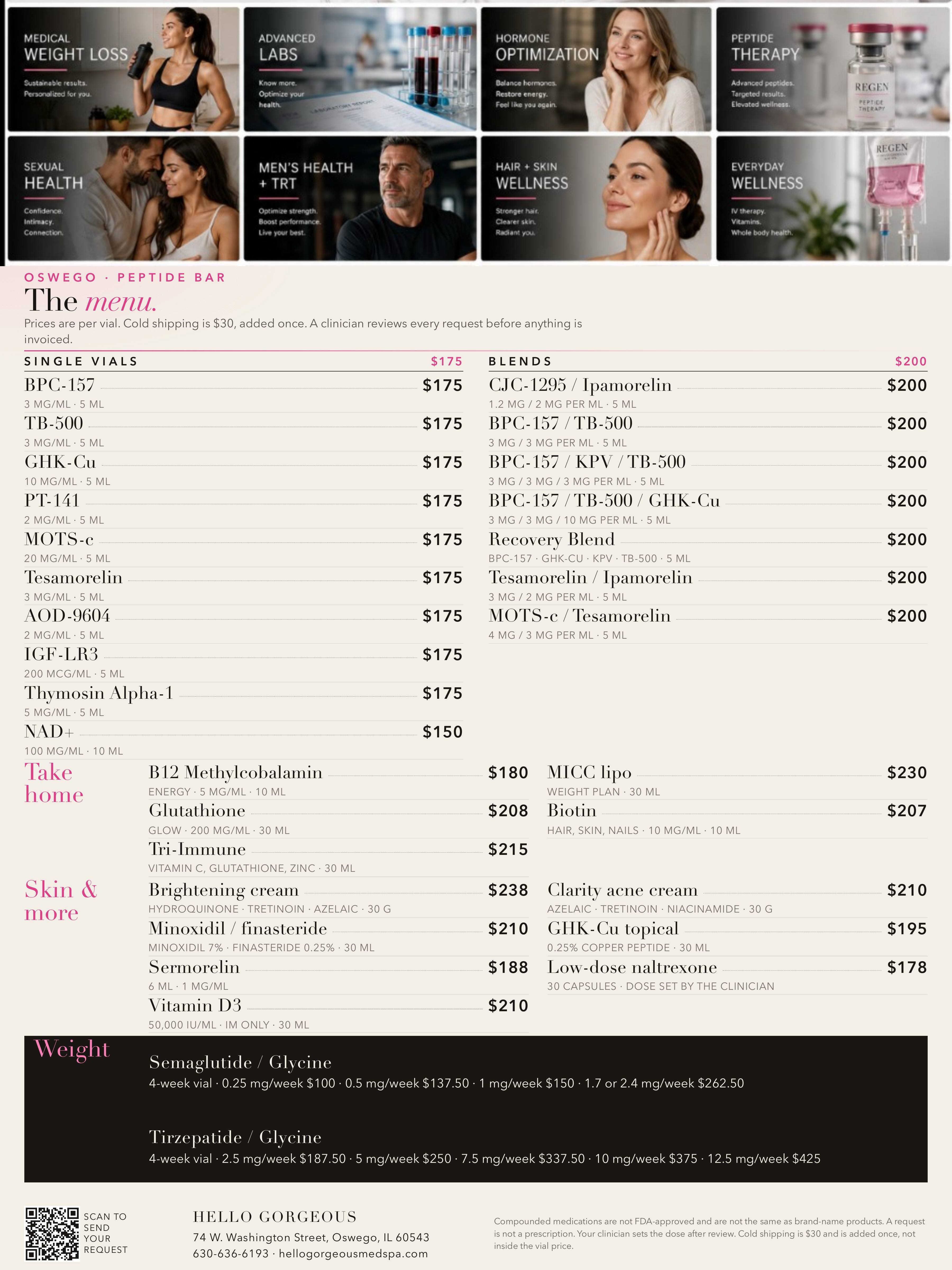 Hello Gorgeous peptide bar menu, full vitamin list