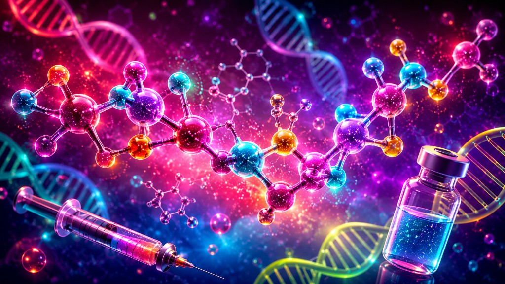 Molecular structures with medical vial and syringe for NAD+ wellness therapy