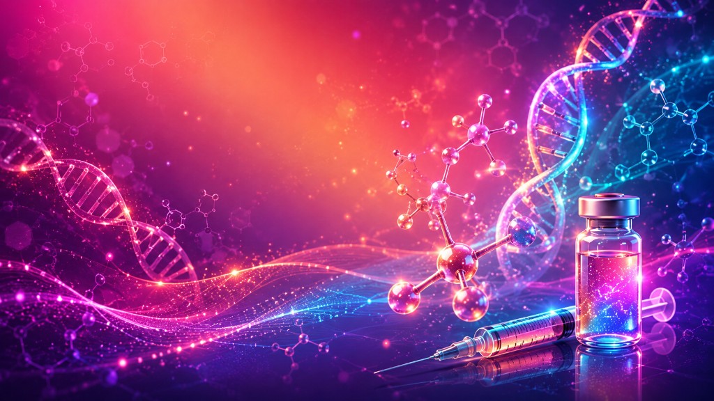 NAD+ injection vial and syringe with DNA and molecular science visuals